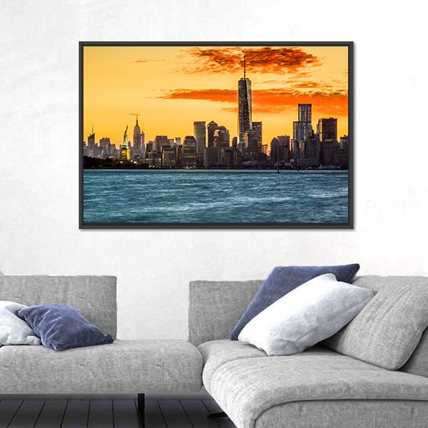 Statue Of Liberty Facing Freedom Tower Canvas Wall Art-3 Horizontal-Gallery Wrap-25" x 16"-Tiaracle