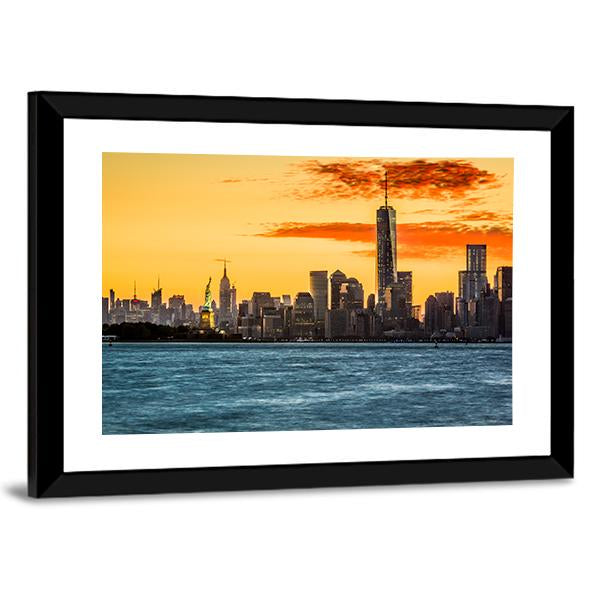 Statue Of Liberty Facing Freedom Tower Canvas Wall Art-3 Horizontal-Gallery Wrap-25" x 16"-Tiaracle