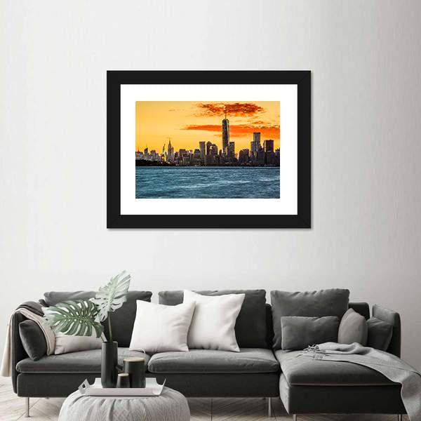 Statue Of Liberty Facing Freedom Tower Canvas Wall Art-3 Horizontal-Gallery Wrap-25" x 16"-Tiaracle