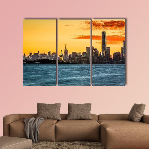 Statue Of Liberty Facing Freedom Tower Canvas Wall Art-3 Horizontal-Gallery Wrap-37" x 24"-Tiaracle