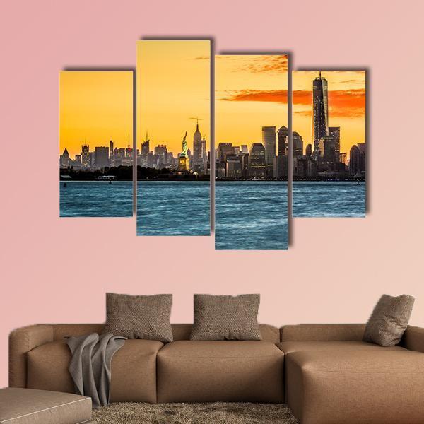 Statue Of Liberty Facing Freedom Tower Canvas Wall Art-4 Pop-Gallery Wrap-50" x 32"-Tiaracle