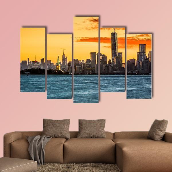 Statue Of Liberty Facing Freedom Tower Canvas Wall Art-5 Pop-Gallery Wrap-47" x 32"-Tiaracle
