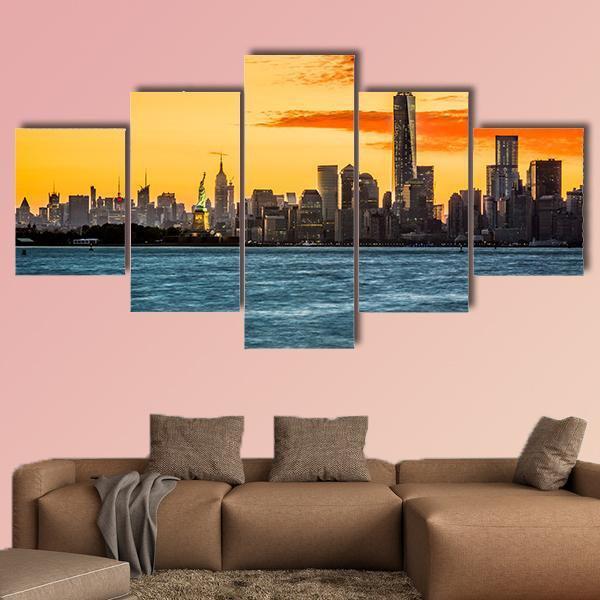 Statue Of Liberty Facing Freedom Tower Canvas Wall Art-5 Star-Gallery Wrap-62" x 32"-Tiaracle