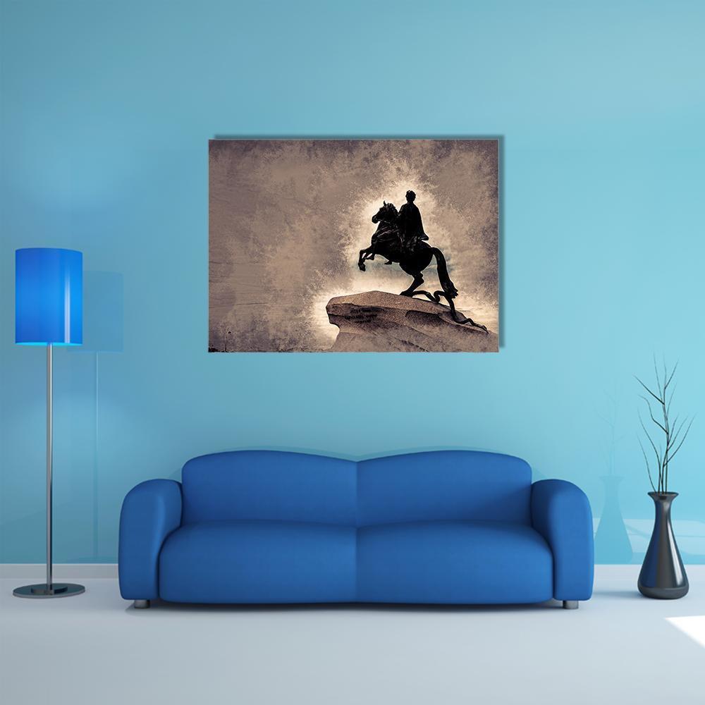 Bronze Horseman Silhouette Canvas Wall Art in black and brown, single panel hung on a wall
