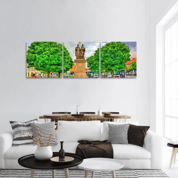 Statue Of Saints Cyril And Methodius In Czech Republic Panoramic Canvas Wall Art-3 Piece-25" x 08"-Tiaracle