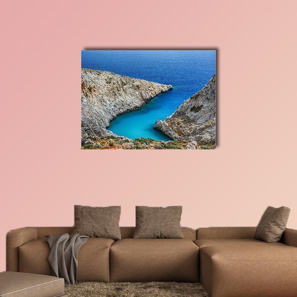 Stefanou Beach Turquoise Cove, Crete Canvas Wall Art in gray, brown and blue, single panel hung on a wall