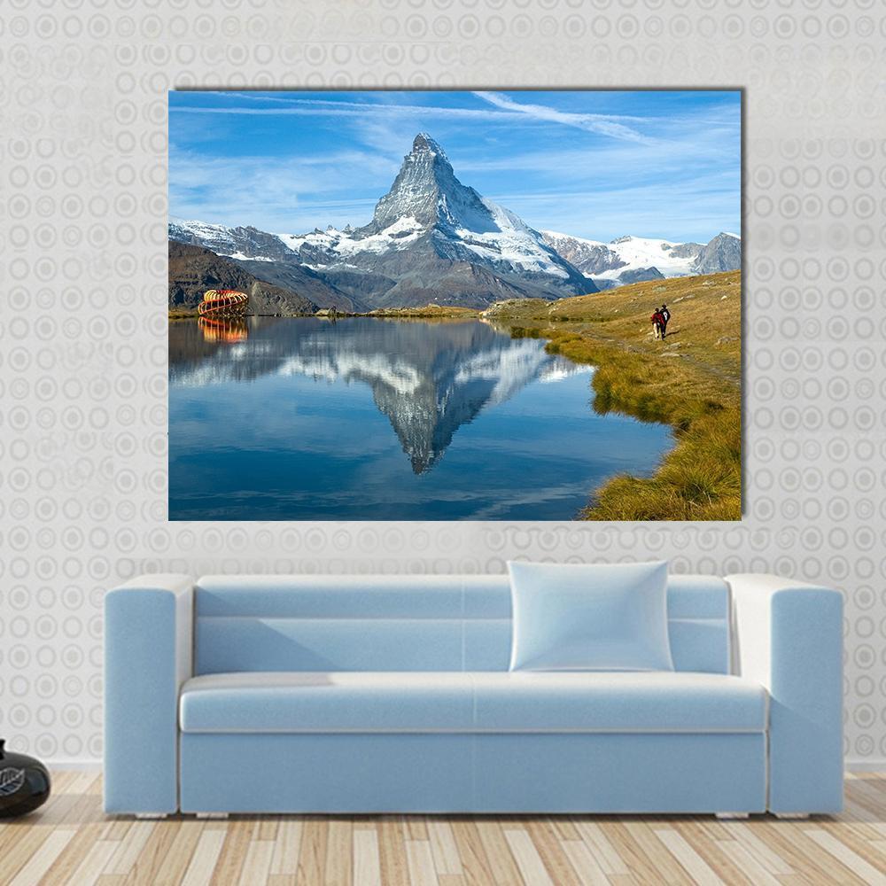 Stellisee Lake Canvas Wall Art in white, brown and blue, single panel hung on a wall