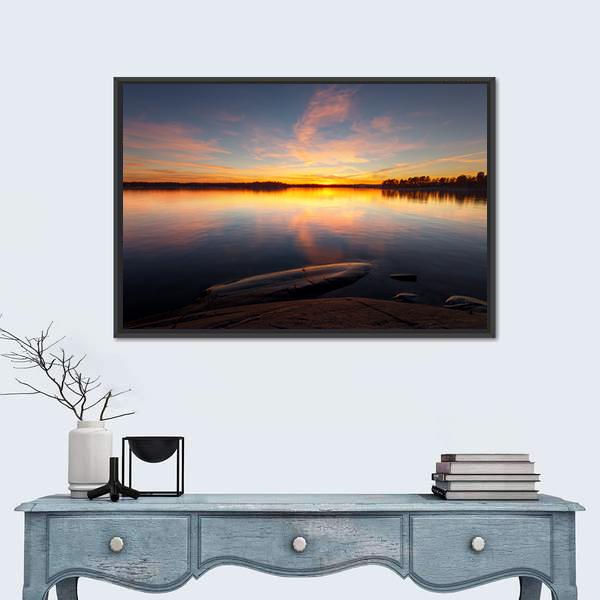 Still Sea Water With Sunrise In Coast Of Helsinki Canvas Wall Art-1 Piece-Floating Frame-24" x 16"-Tiaracle