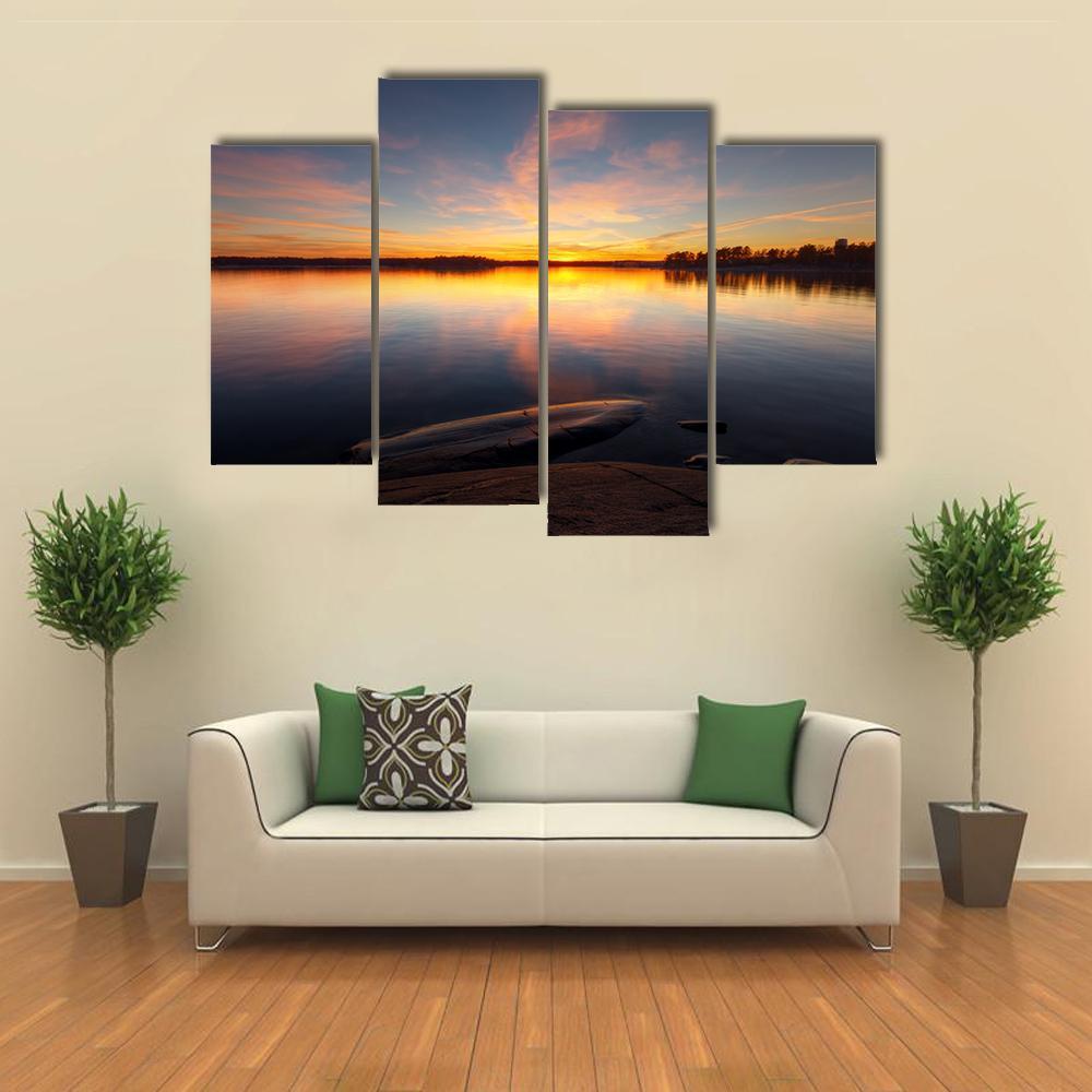 Still Sea Water With Sunrise In Coast Of Helsinki Canvas Wall Art-4 Pop-Gallery Wrap-50" x 32"-Tiaracle