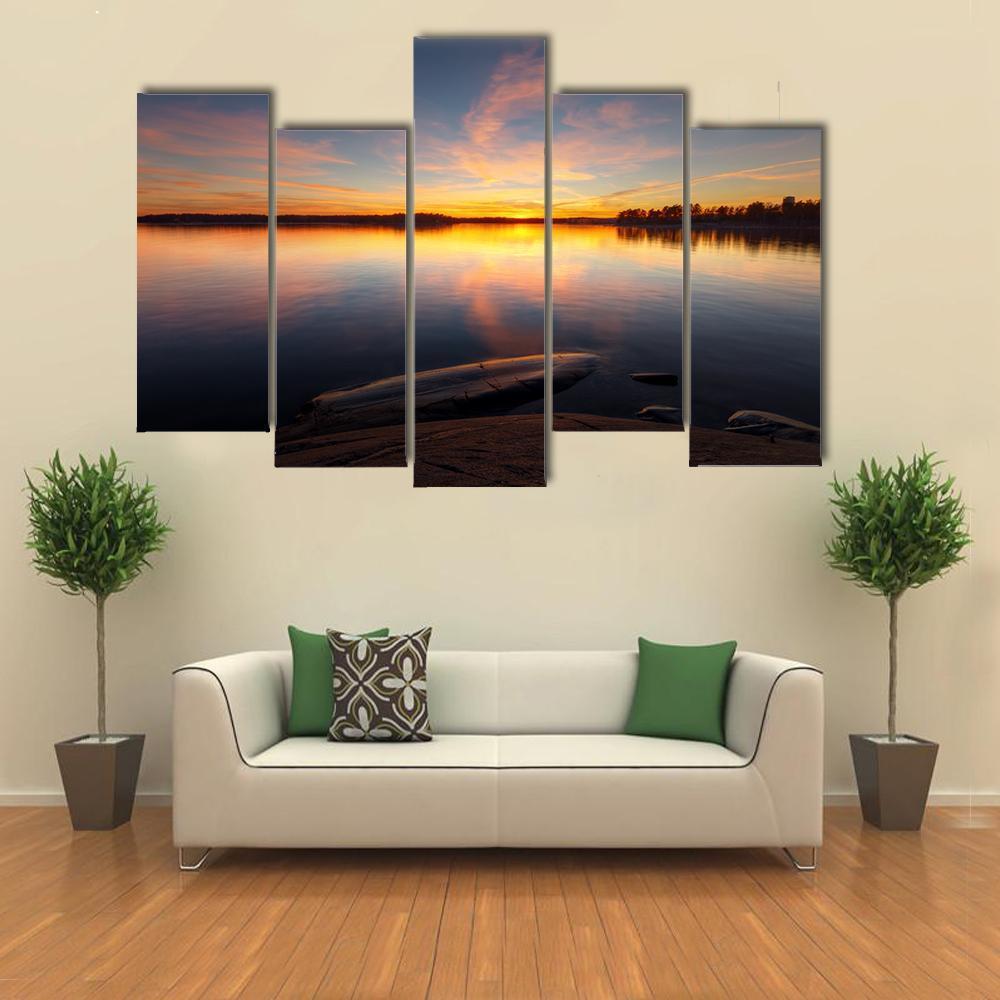 Still Sea Water With Sunrise In Coast Of Helsinki Canvas Wall Art-5 Pop-Gallery Wrap-47" x 32"-Tiaracle