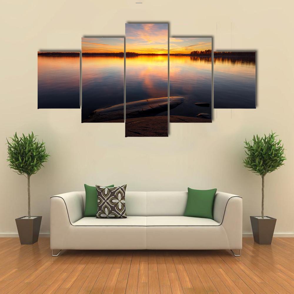 Still Sea Water With Sunrise In Coast Of Helsinki Canvas Wall Art-5 Star-Gallery Wrap-62" x 32"-Tiaracle