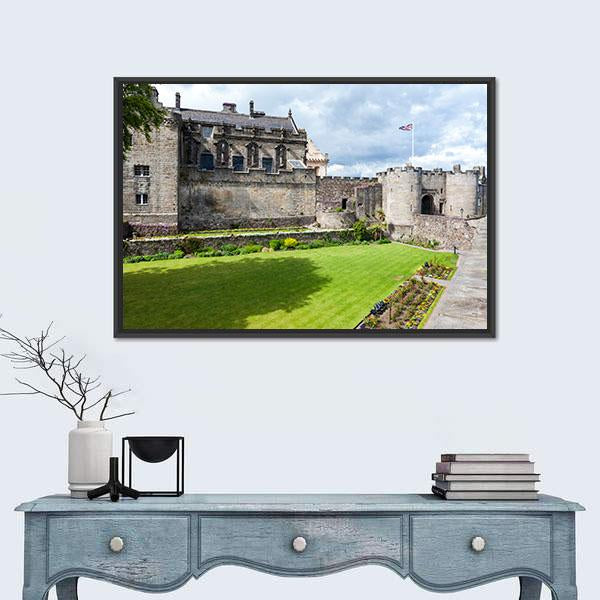 Stirling Castle Courtyard in Summer Sun Canvas Wall Art in gray, green and blue, framed canvas, product view on a white background