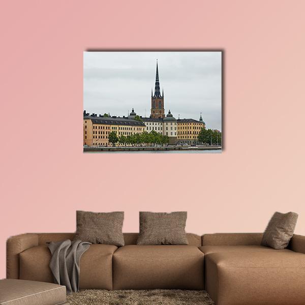 Stockholm Waterfront at Evert Taubes Terrass Canvas Wall Art in gray, beige and yellow, single panel hung on a wall