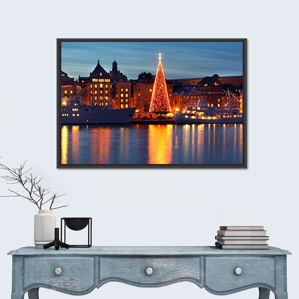 Stockholms Old City With Christmas Tree Canvas Wall Art-1 Piece-Floating Frame-24" x 16"-Tiaracle