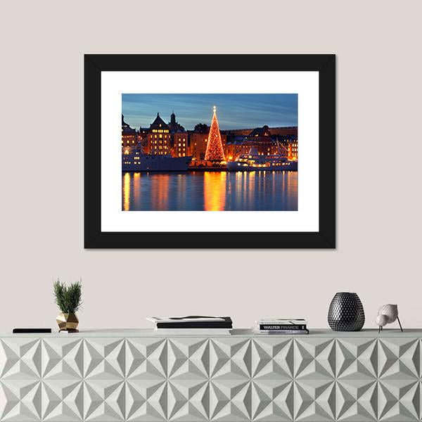 Stockholms Old City With Christmas Tree Canvas Wall Art-1 Piece-Framed Print-20" x 16"-Tiaracle