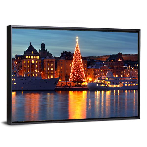 Stockholms Old City With Christmas Tree Canvas Wall Art-3 Horizontal-Gallery Wrap-25" x 16"-Tiaracle