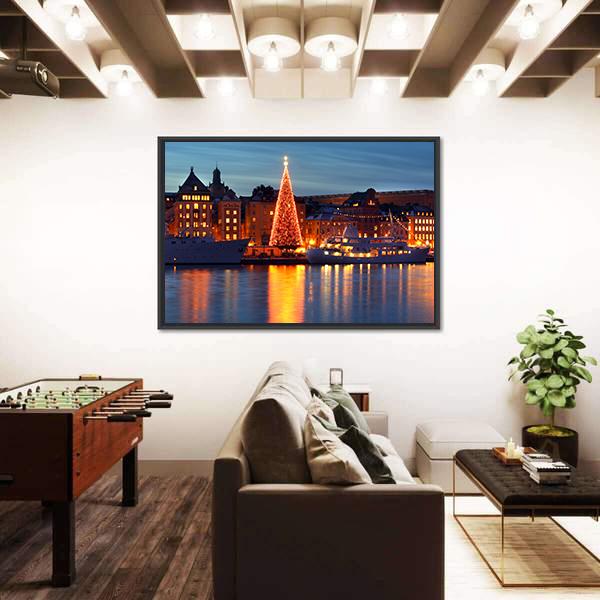 Stockholms Old City With Christmas Tree Canvas Wall Art-3 Horizontal-Gallery Wrap-25" x 16"-Tiaracle