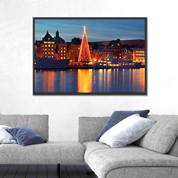 Stockholms Old City With Christmas Tree Canvas Wall Art-3 Horizontal-Gallery Wrap-25" x 16"-Tiaracle