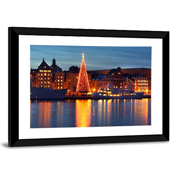 Stockholms Old City With Christmas Tree Canvas Wall Art-3 Horizontal-Gallery Wrap-25" x 16"-Tiaracle