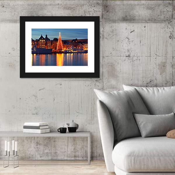 Stockholms Old City With Christmas Tree Canvas Wall Art-3 Horizontal-Gallery Wrap-25" x 16"-Tiaracle