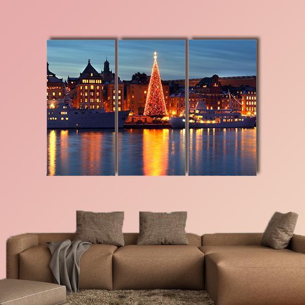 Stockholms Old City With Christmas Tree Canvas Wall Art-3 Horizontal-Gallery Wrap-25" x 16"-Tiaracle