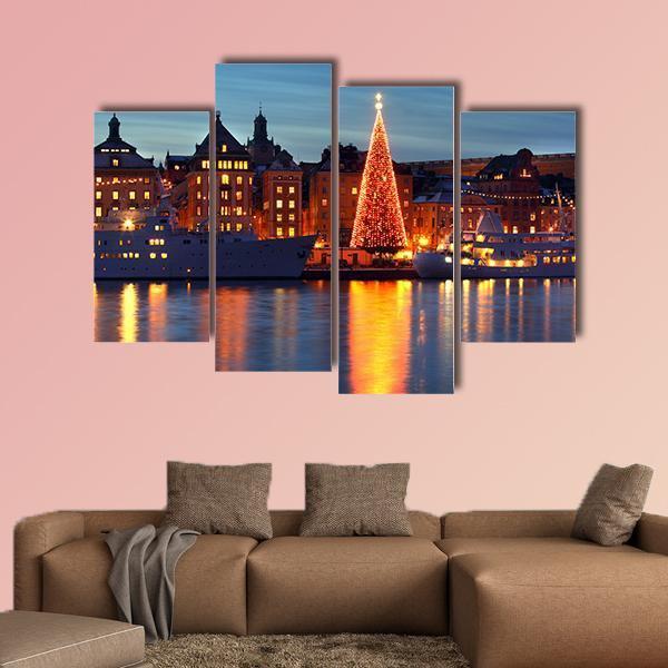 Stockholms Old City With Christmas Tree Canvas Wall Art-4 Pop-Gallery Wrap-50" x 32"-Tiaracle