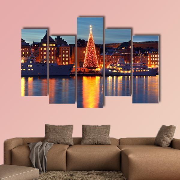 Stockholms Old City With Christmas Tree Canvas Wall Art-5 Pop-Gallery Wrap-47" x 32"-Tiaracle