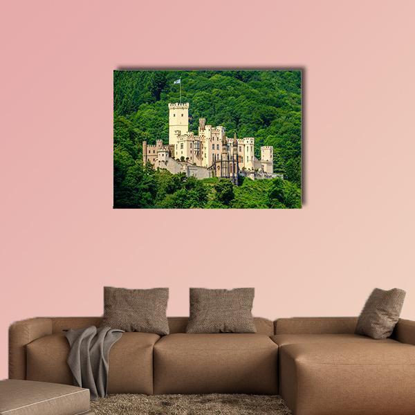 Stolzenfels Castle in the Rhine Valley Canvas Wall Art in white, beige and green, single panel hung on a wall
