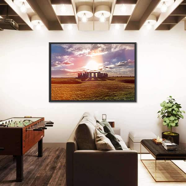 Stonehenge Against The Sun In England Panoramic Canvas Wall Art-1 Piece-36" x 12"-Tiaracle