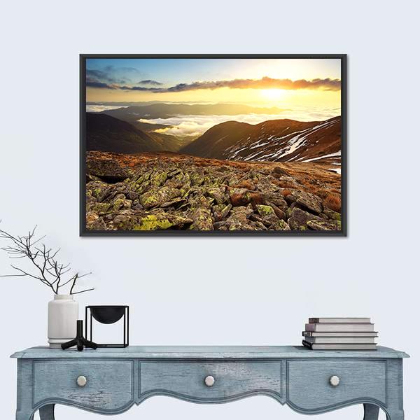 Stones On Hill During Sunset Canvas Wall Art-1 Piece-Floating Frame-24" x 16"-Tiaracle