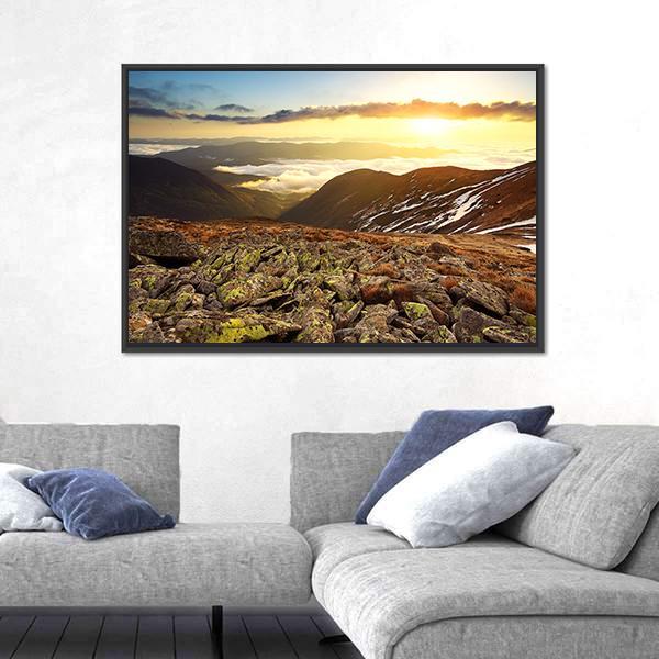 Stones On Hill During Sunset Canvas Wall Art-3 Horizontal-Gallery Wrap-25" x 16"-Tiaracle