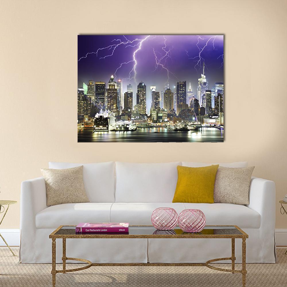 Lightning Striking New York City at Night Canvas Wall Art in black, yellow and purple, single panel hung on a wall