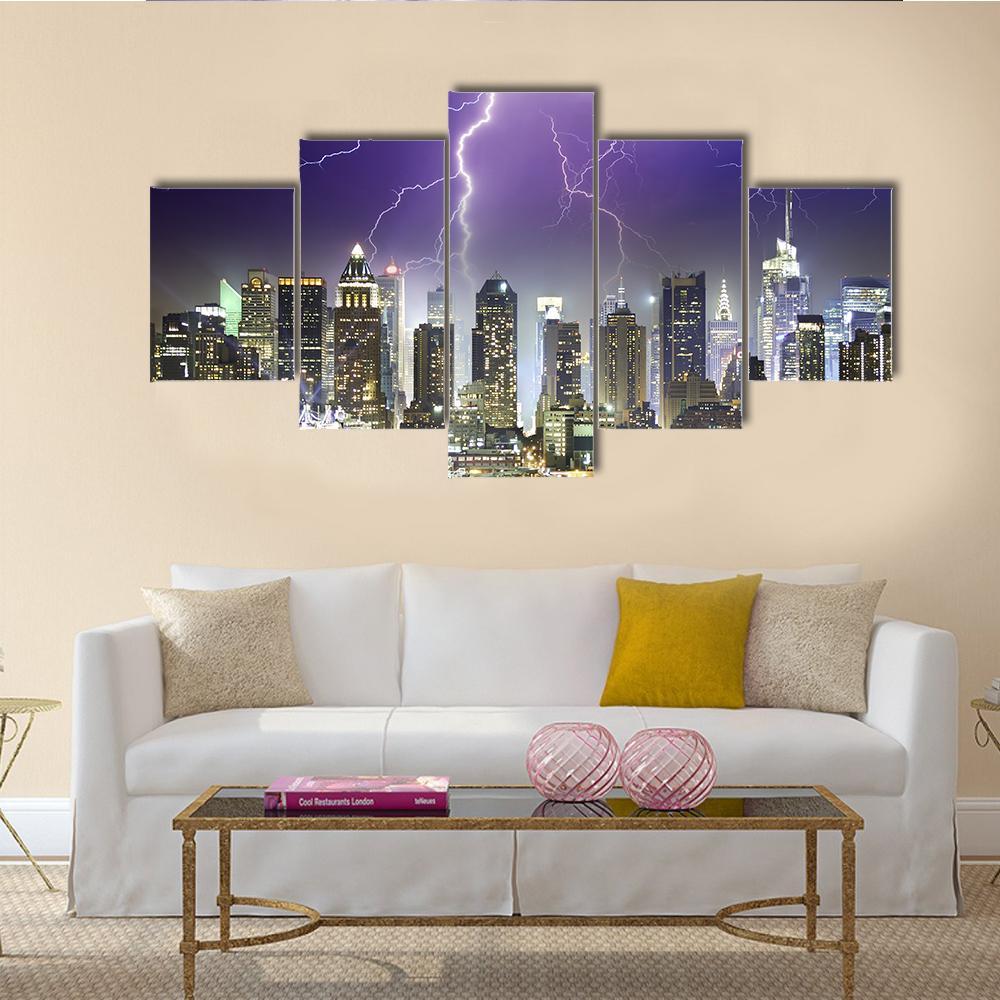 Storm And Lightnings In The Night of New York City Canvas Wall Art-3 Horizontal-Gallery Wrap-37" x 24"-Tiaracle