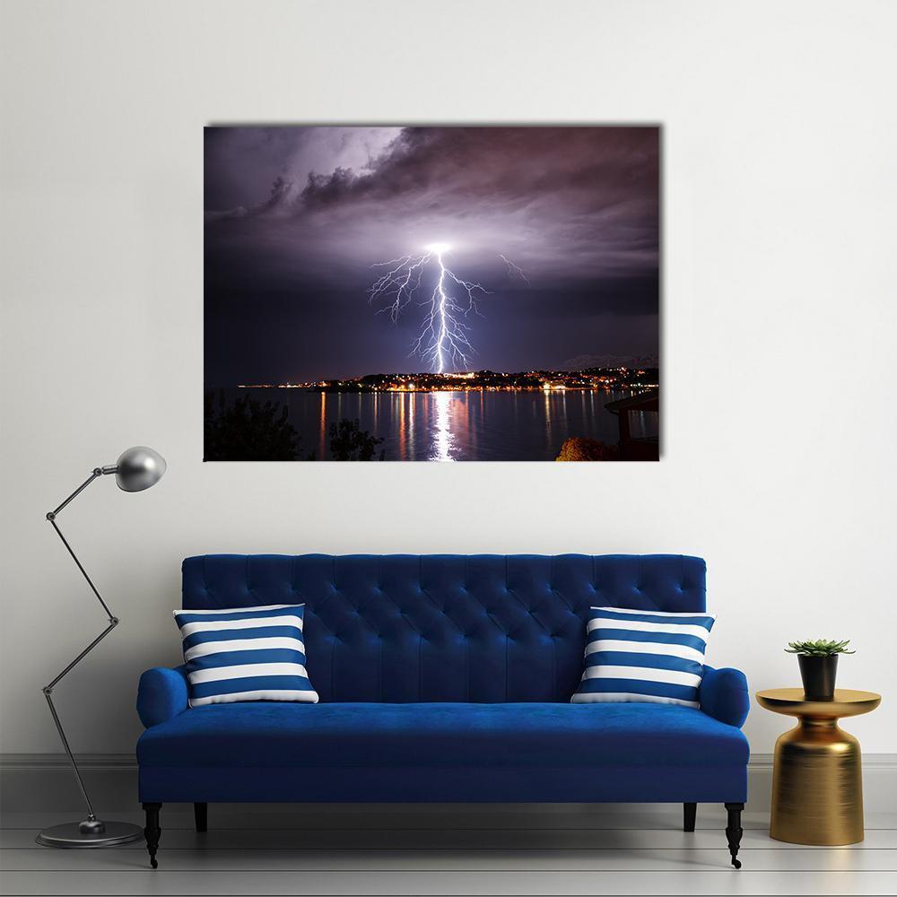 Lightning Storm Over Adriatic Coast Canvas Wall Art in black, blue and purple, single panel hung on a wall