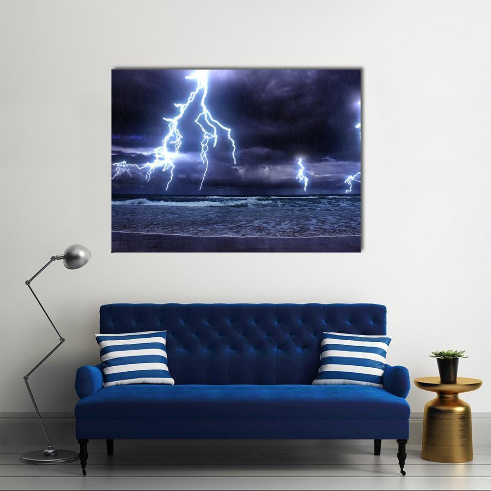 Ocean Storm with Multiple Lightning Strikes Canvas Wall Art in white, blue and purple, single panel hung on a wall