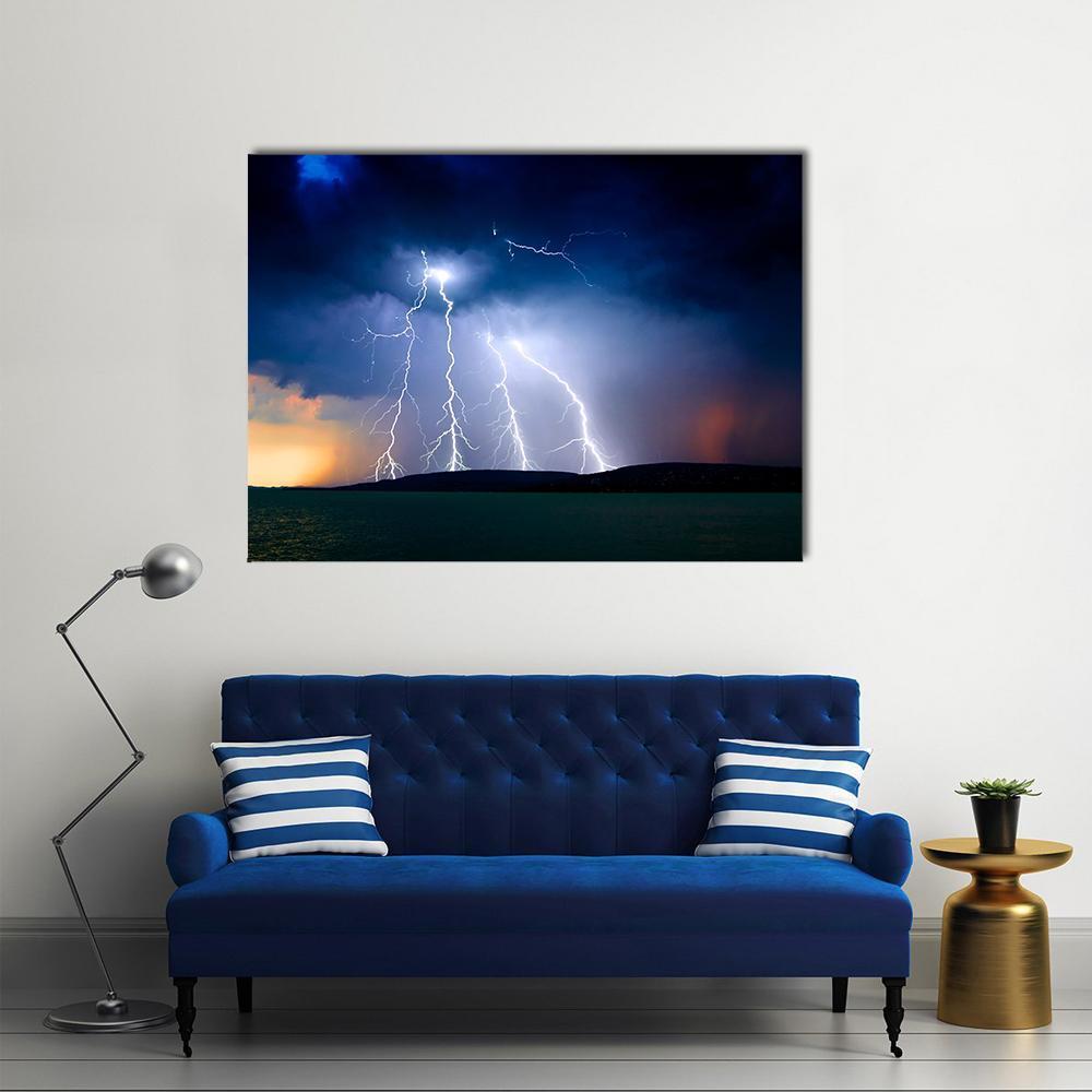 Dramatic Storm Over Lake Balaton Canvas Wall Art in black, blue and navy, single panel hung on a wall