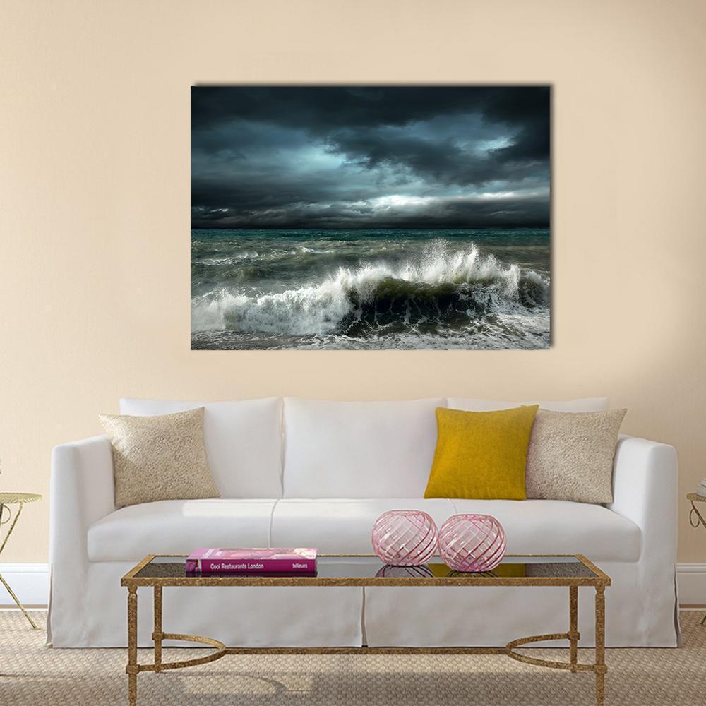 Storm Seascape Canvas Wall Art in black, gray and blue, single panel hung on a wall