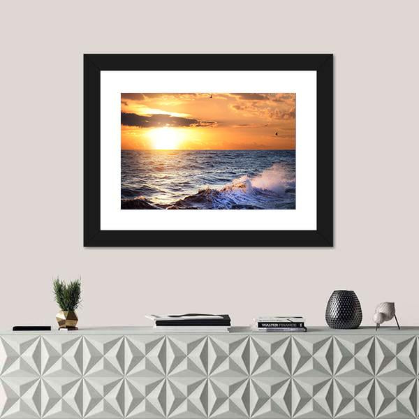 Stormy Sea With Sundown Canvas Wall Art-1 Piece-Framed Print-20" x 16"-Tiaracle