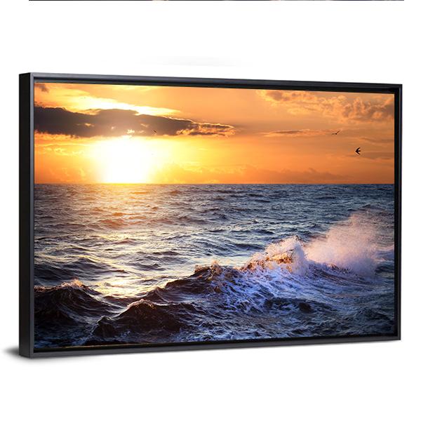 Stormy Sea With Sundown Canvas Wall Art-3 Horizontal-Gallery Wrap-25" x 16"-Tiaracle