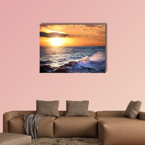 Stormy Sea With Sundown Canvas Wall Art-1 Piece-Gallery Wrap-48" x 32"-Tiaracle