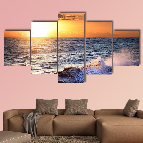 Stormy Sea With Sundown Canvas Wall Art-5 Star-Gallery Wrap-62" x 32"-Tiaracle