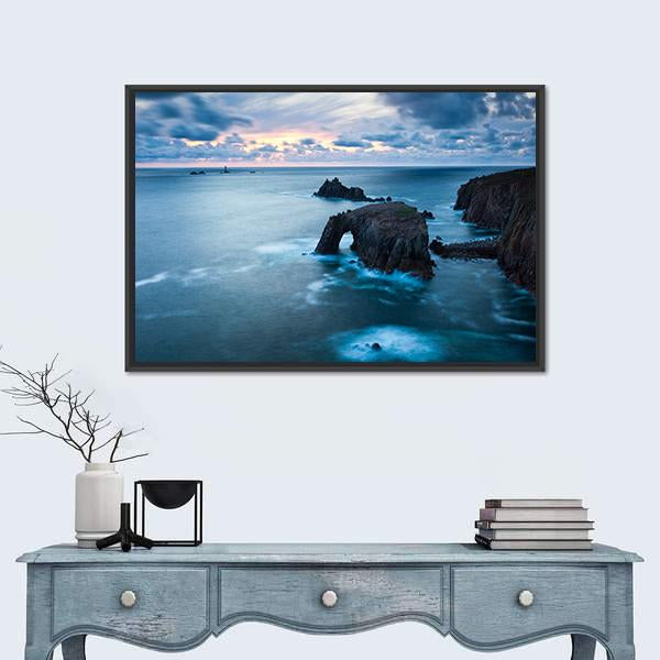 Stormy Sunset At Lands End In Cornwall Canvas Wall Art-1 Piece-Floating Frame-24" x 16"-Tiaracle