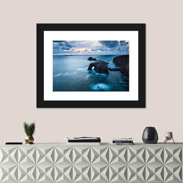 Stormy Sunset At Lands End In Cornwall Canvas Wall Art-1 Piece-Framed Print-20" x 16"-Tiaracle