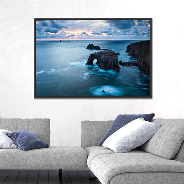Stormy Sunset At Lands End In Cornwall Canvas Wall Art-3 Horizontal-Gallery Wrap-25" x 16"-Tiaracle