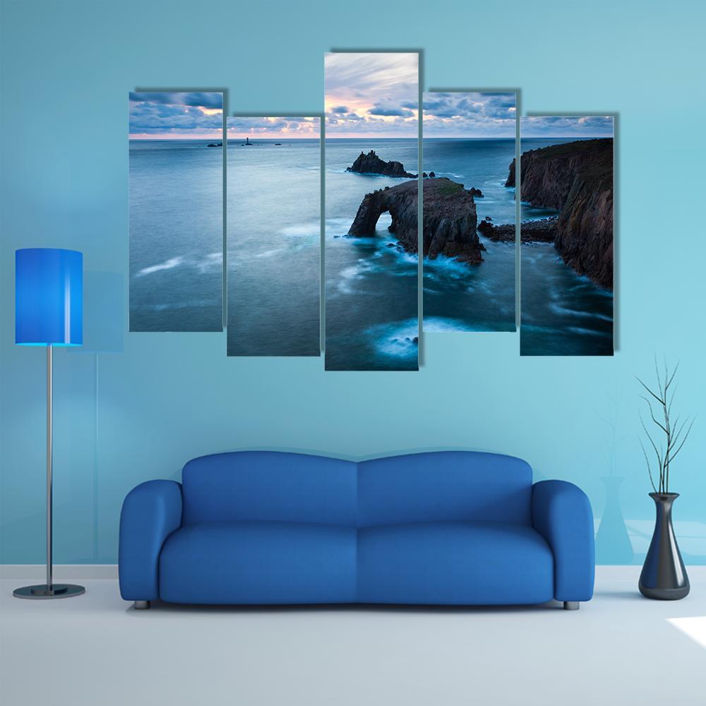 Stormy Sunset At Lands End In Cornwall Canvas Wall Art-5 Pop-Gallery Wrap-47" x 32"-Tiaracle