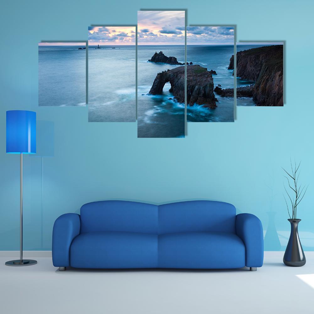 Stormy Sunset At Lands End In Cornwall Canvas Wall Art-5 Star-Gallery Wrap-62" x 32"-Tiaracle