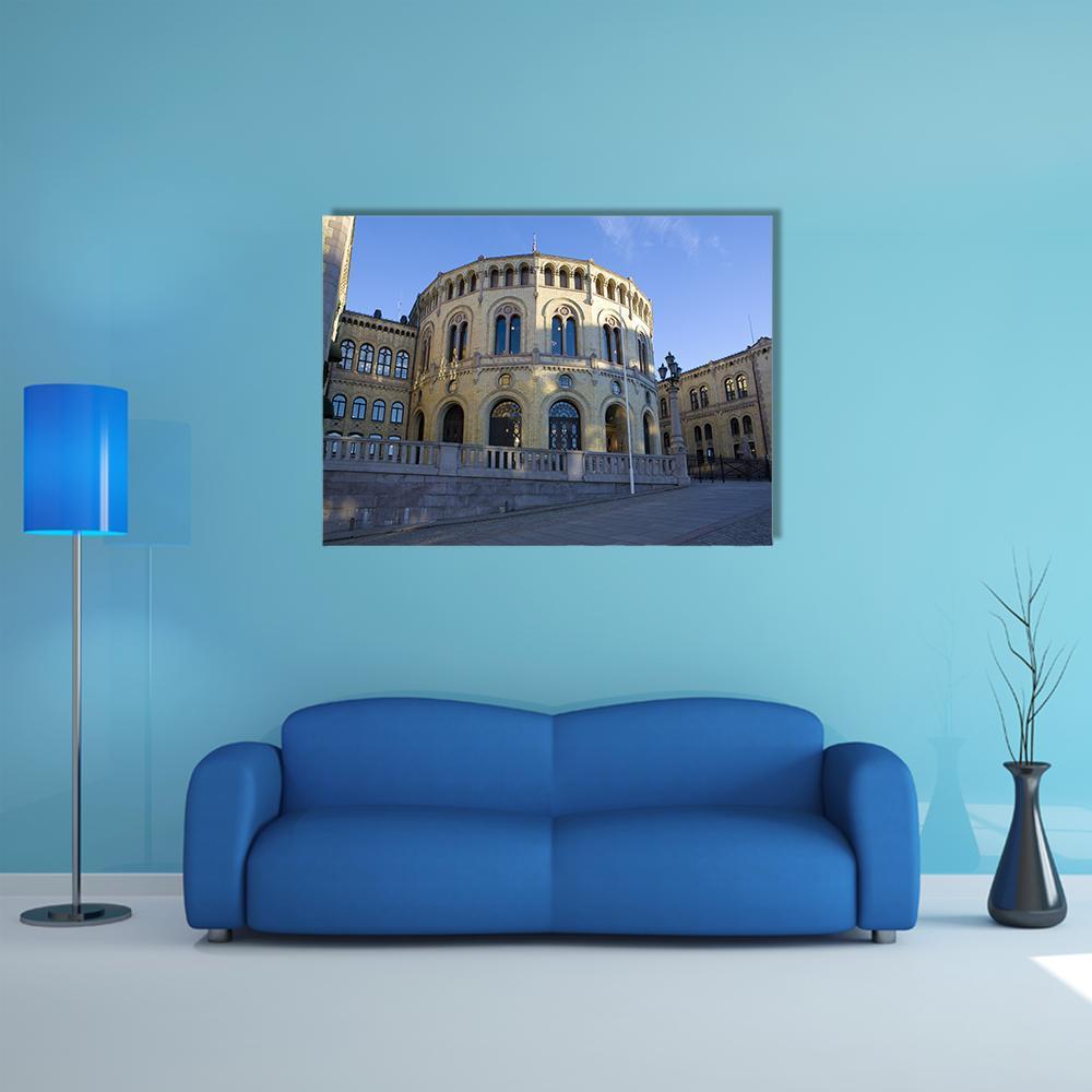Stortinget Arched Stone Facade Canvas Wall Art in gray, beige and blue, single panel hung on a wall