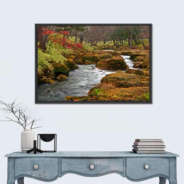 Strange Landscape Of River Flows On Misty Forest Canvas Wall Art-1 Piece-Floating Frame-24" x 16"-Tiaracle
