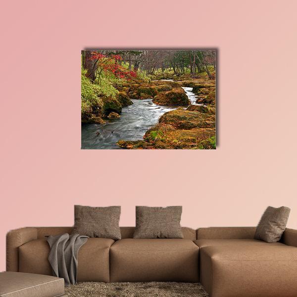 Misty Forest River with Moss-covered Rocks Canvas Wall Art in gray, brown and green, single panel hung on a wall