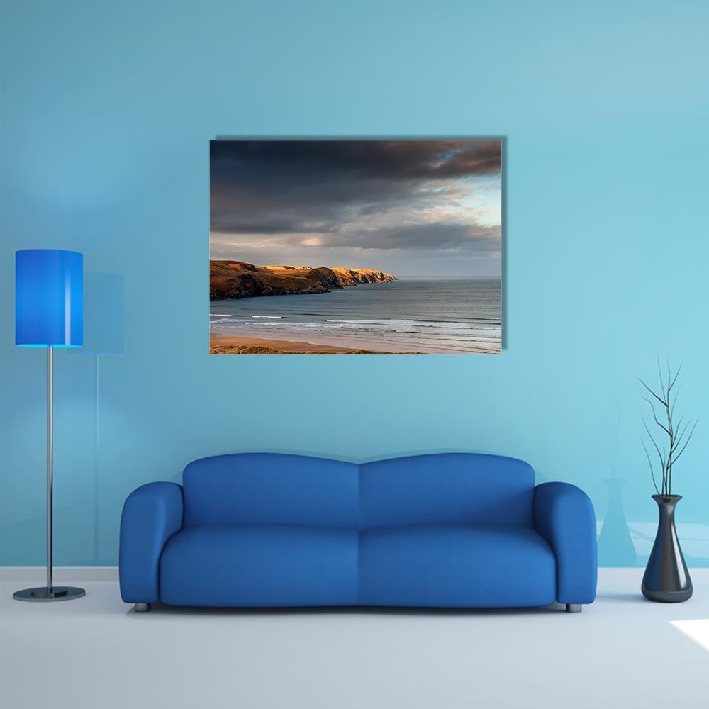 Strathy Bay to Strathy Point Canvas Wall Art in gray, brown and blue, single panel hung on a wall